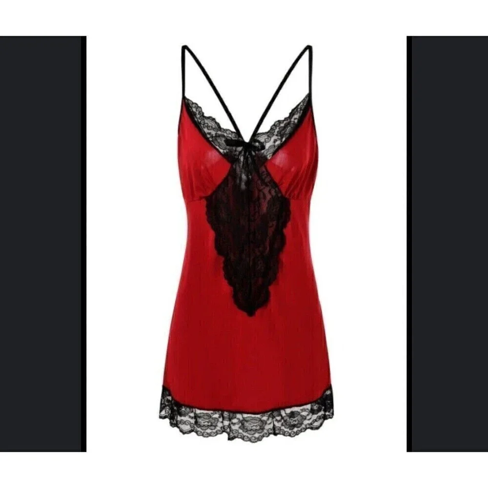 Red Nightgown Set Black Lace Stretchy Size Small Lingerie